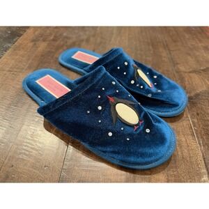 Kate Spade Blue velvet Slipper "Jolie" Winter Penguins rhinestone‎ 8.5